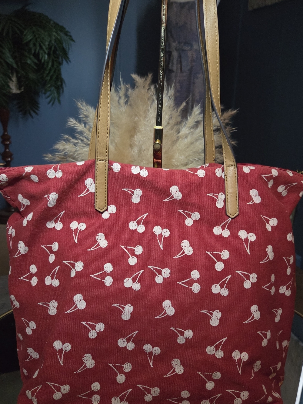 Sonoma Cherry Print Canvas Tote Bag Red Cream Large Everyday Shoulder Tote - Picture 7 of 15